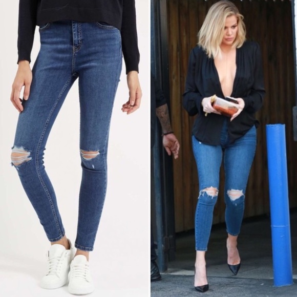 Topshop Denim - Topshop MOTO Ripped Knee Leigh Jeans Mid Blue